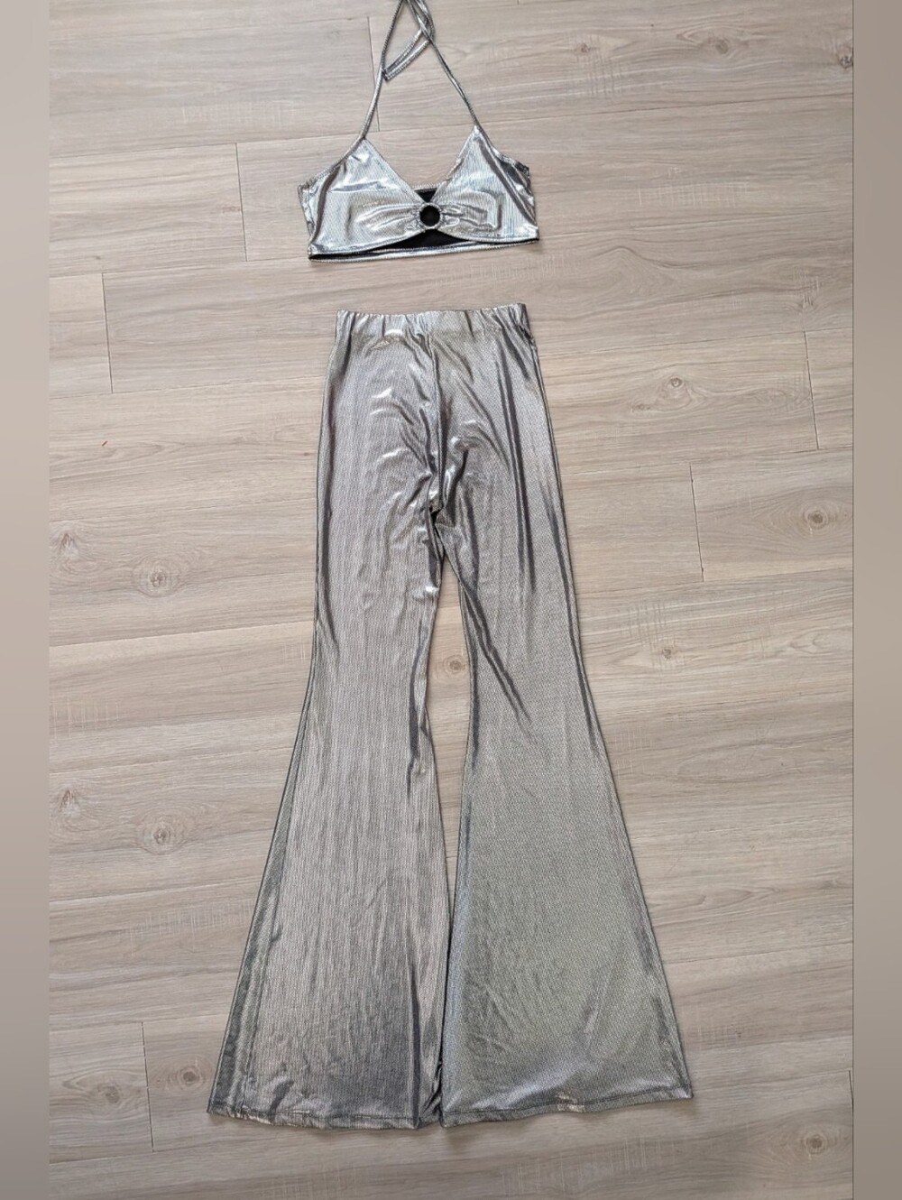Badinka Women's Silver Metallic Halter Crop Top & High-Waist Flared Pants Set